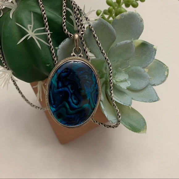 Druzy Agate turquoise blue mother of pearl gemstone pendant +chain 925 sterling - Picture 3 of 10